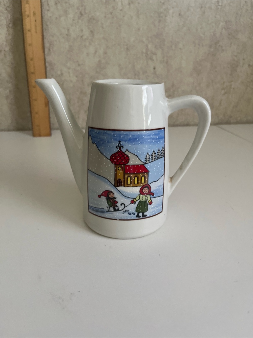 Vintage Ceramic Tea Pot No Lid Christmas Winter Snow Scene Mom Child Sled 5.5”